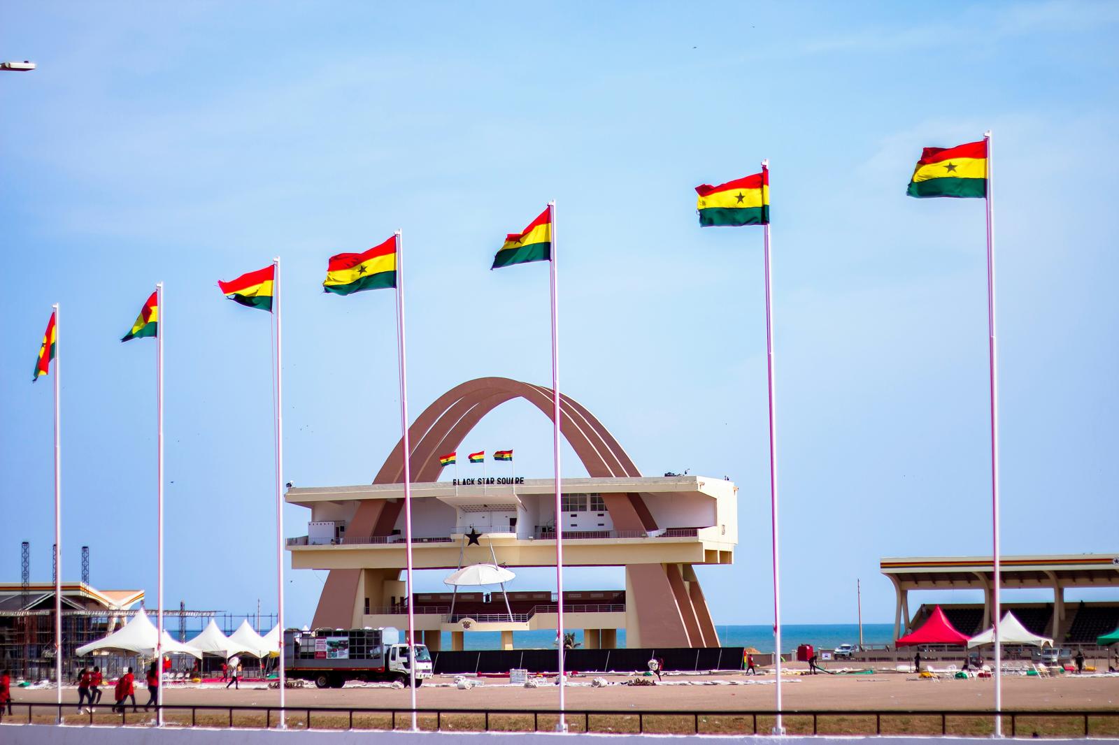 Ghana’s national flags flying above Black Star Square in Accra