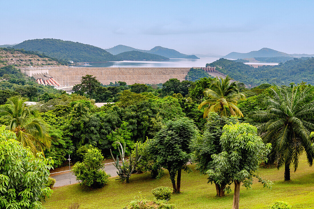The Akosombo Dam rising behind a row of palm trees