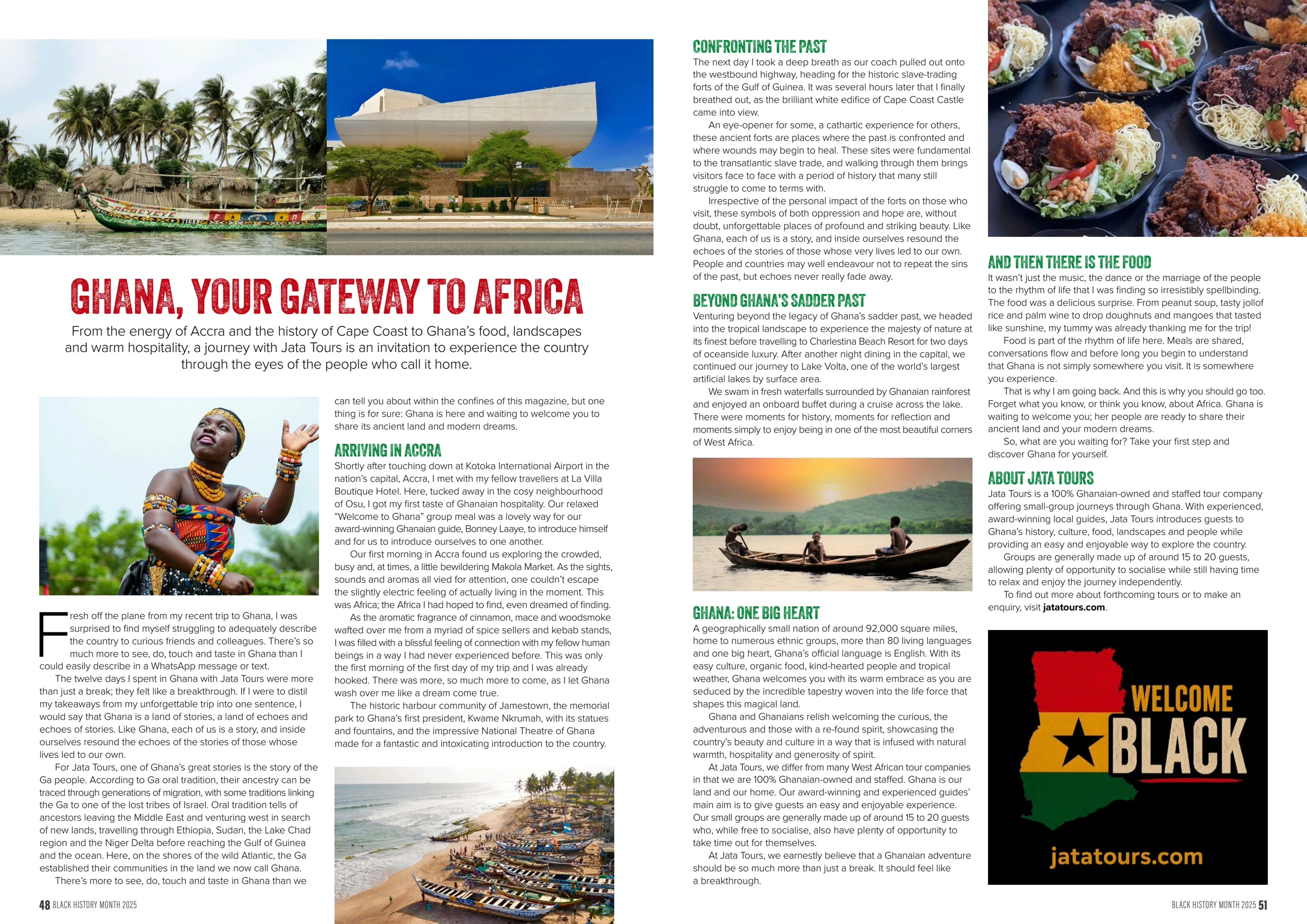 The complete Black History Month editorial, Ghana, Your Gateway to Africa, featuring JATA Tours, Ghanaian culture, Accra, Cape Coast, Lake Volta and food