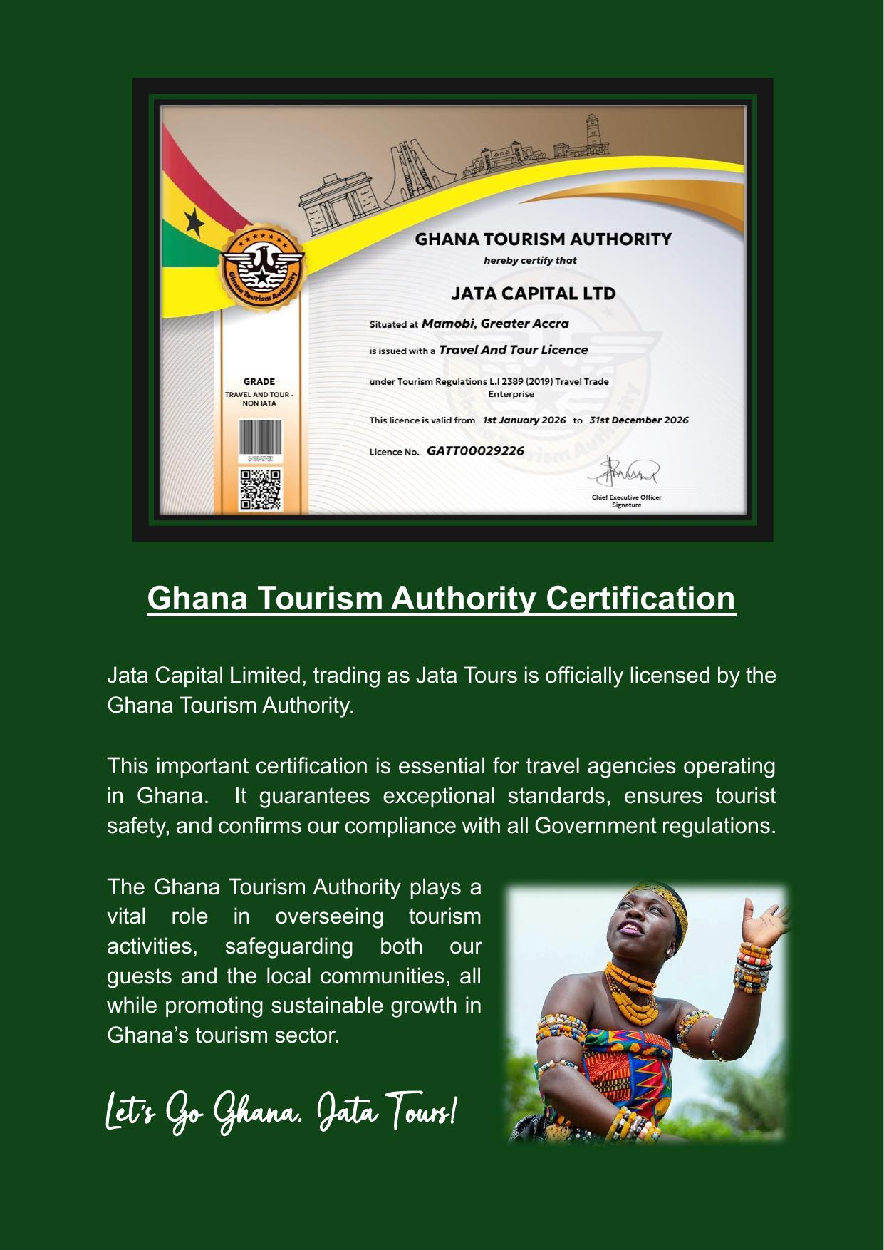Ghana Tourism Authority travel and tour licence certificate for Jata Capital Ltd