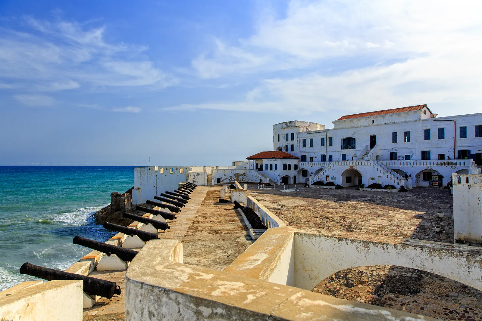 Cannons along the seawall of Cape Coast Castle overlooking the Atlantic