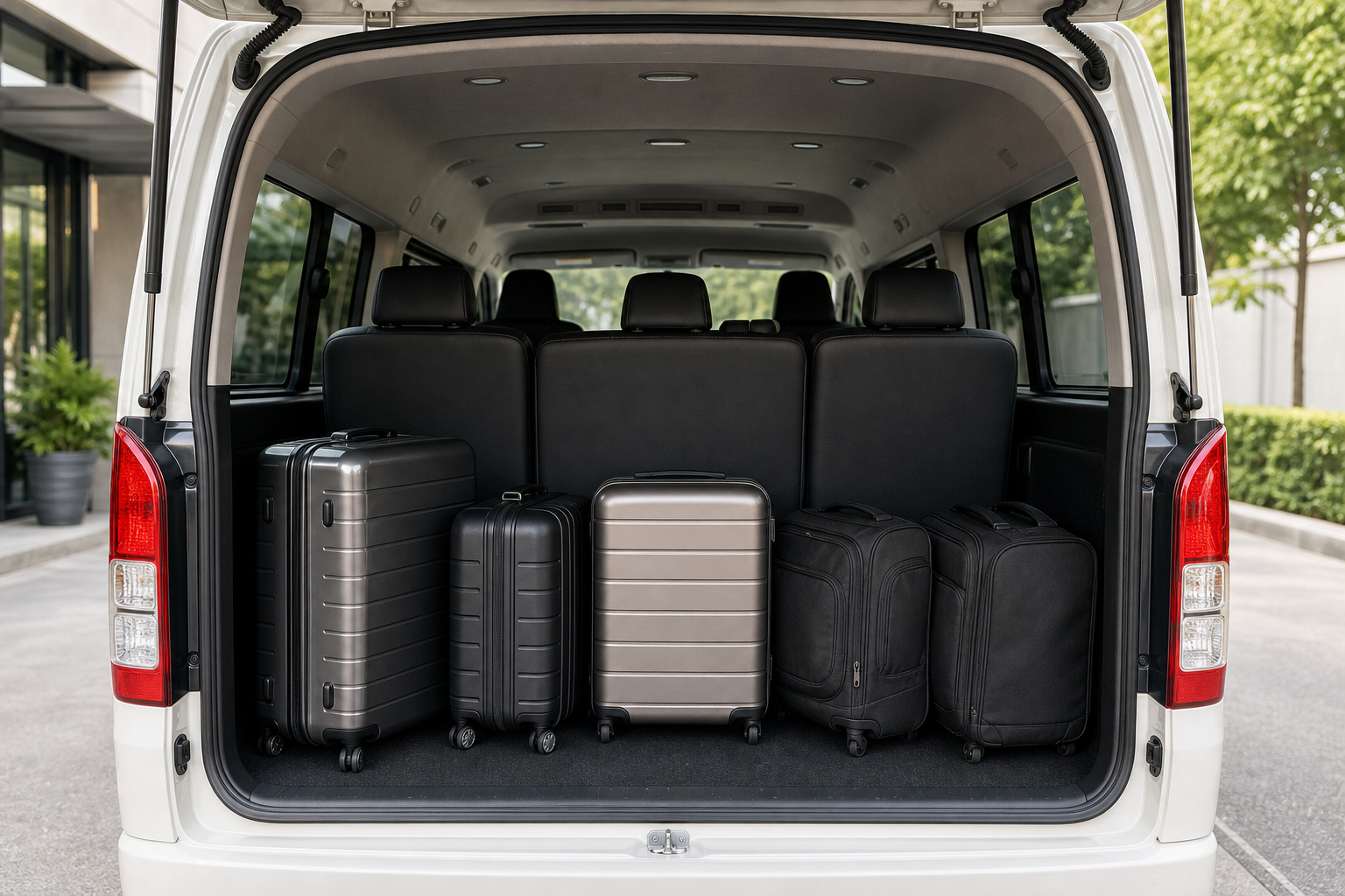 Suitcases stacked in the open luggage bay at the back of a JATA Tours minibus