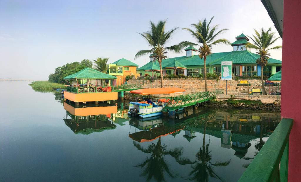 A waterfront resort pavilion on the shores of Lake Volta