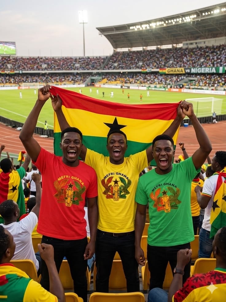 Friends celebrating with the Ghana flag at a Black Stars match