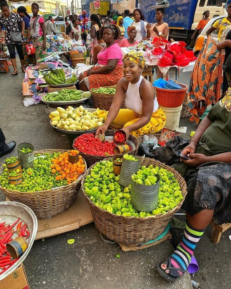 Vibrant Ghanaian market stall with fresh produce
