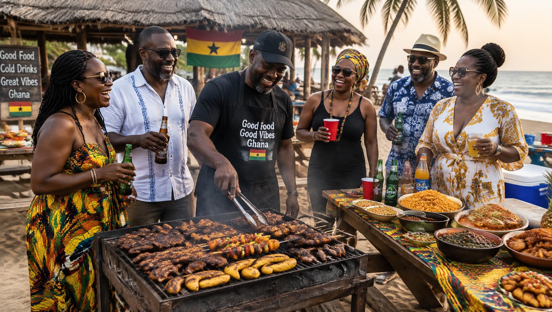 Travellers laughing around a beach barbecue grill laden with food